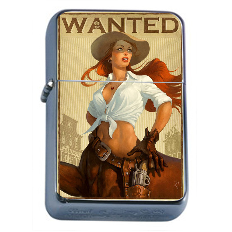 Pin Up Cowgirls D14 Flip Top Oil Lighter Wind Resistant