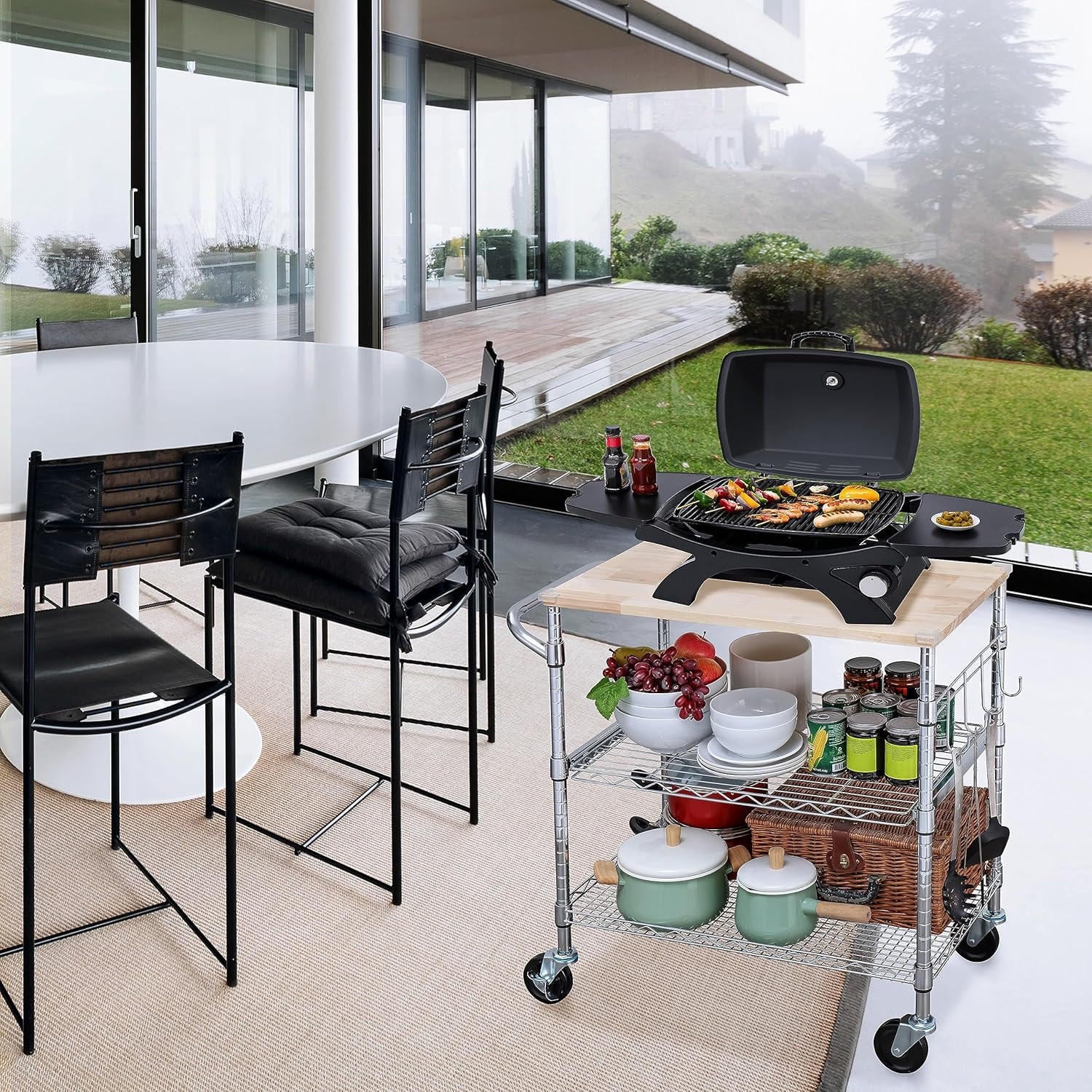 Rolling Kitchen Utility Cart with Storage Shelves, Mobile Microwave Stand on Whe