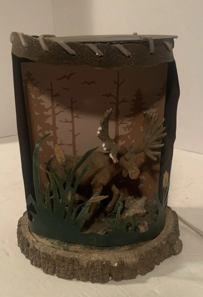Night Light Light Up Rustic Woods Trees Moose Cattails Stump 7.5”