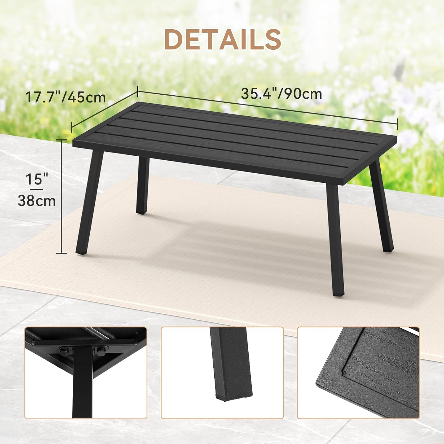 Small Metal Outdoor Coffee Side Table Outside Patio Rectangle Black