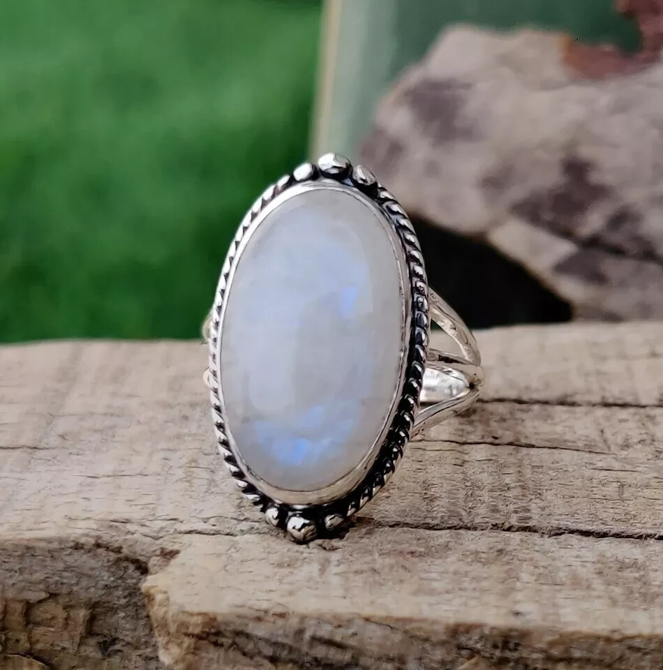 Natural Moonstone Ring Solid 925 Sterling Silver Beautiful Ring All Size MK*