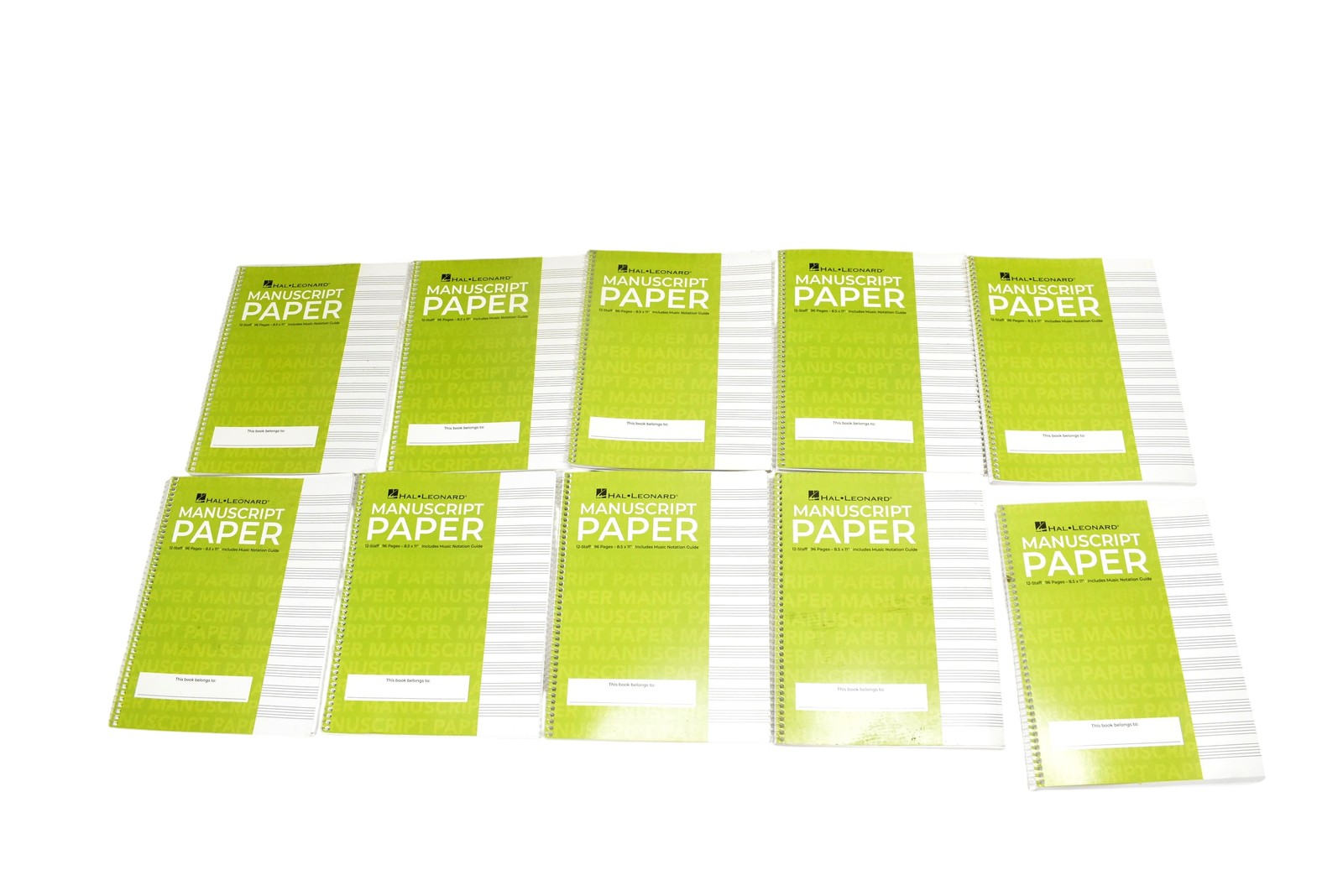 10 Hal Leonard Manuscript Paper HL00210005 12-Staff 96 Pages 8.5x11 Green Spiral