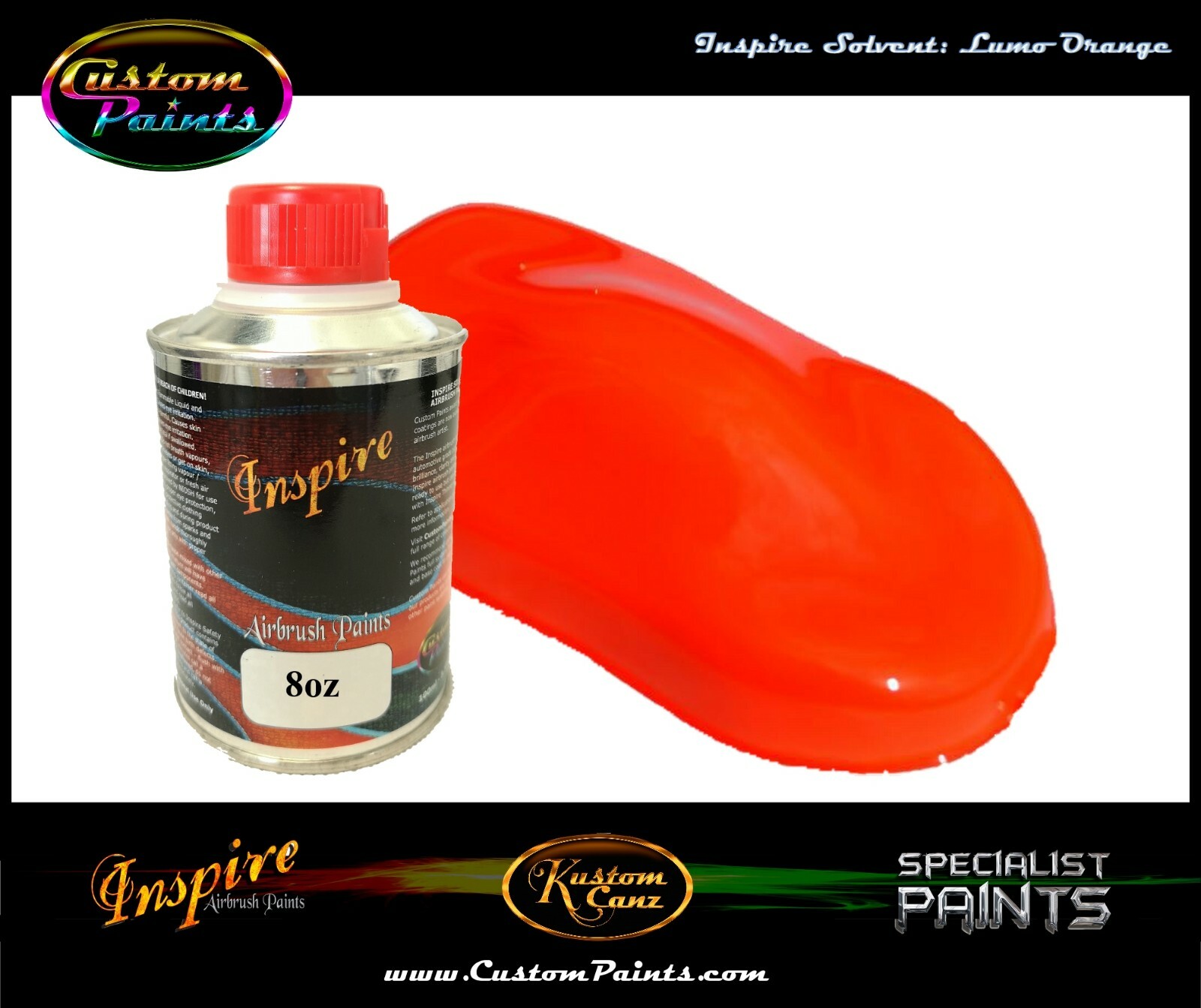 INSPIRE AIRBRUSH LUMO ORANGE 8oz (SOLVENT), CUSTOM PAINT, HOK, ARTIST, HOT ROD