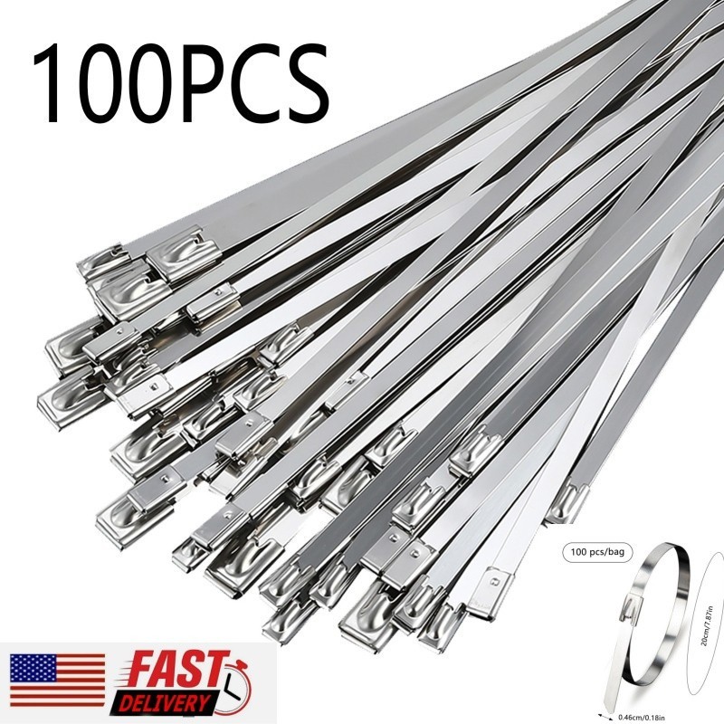 100Pcs Metal Zip Ties Stainless Steel Self-Locking Cable Ties 200mm