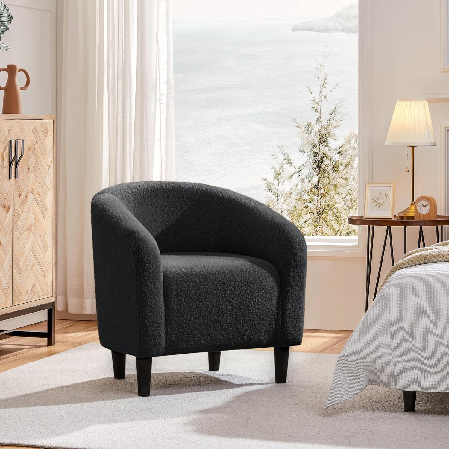 Accent Barrel Chair Boucle Fabric Club Chair Furry Sherpa Elegant Armchair W/