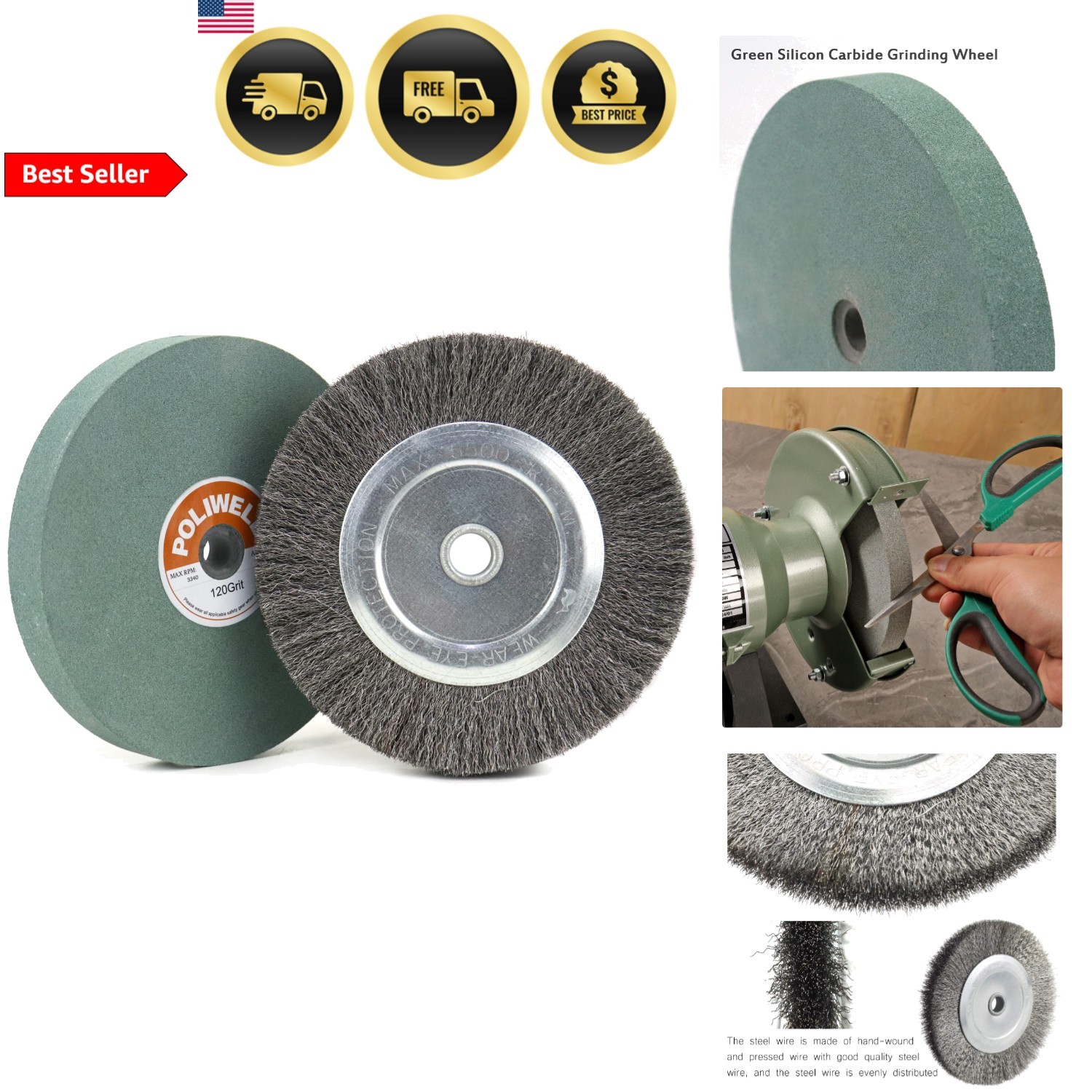 Bench Grinder Wheel and Wire Brush Set 6 Inch 120 Grit Silicon Carbide