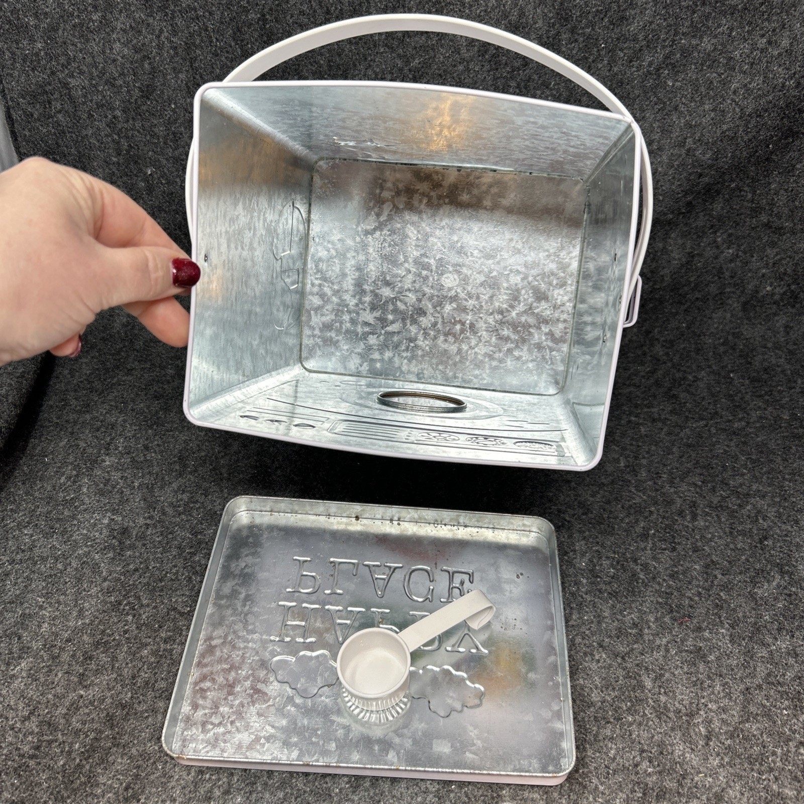 Metal Washing Machine Laundry Detergent Storage Tin Container Scoop Window White