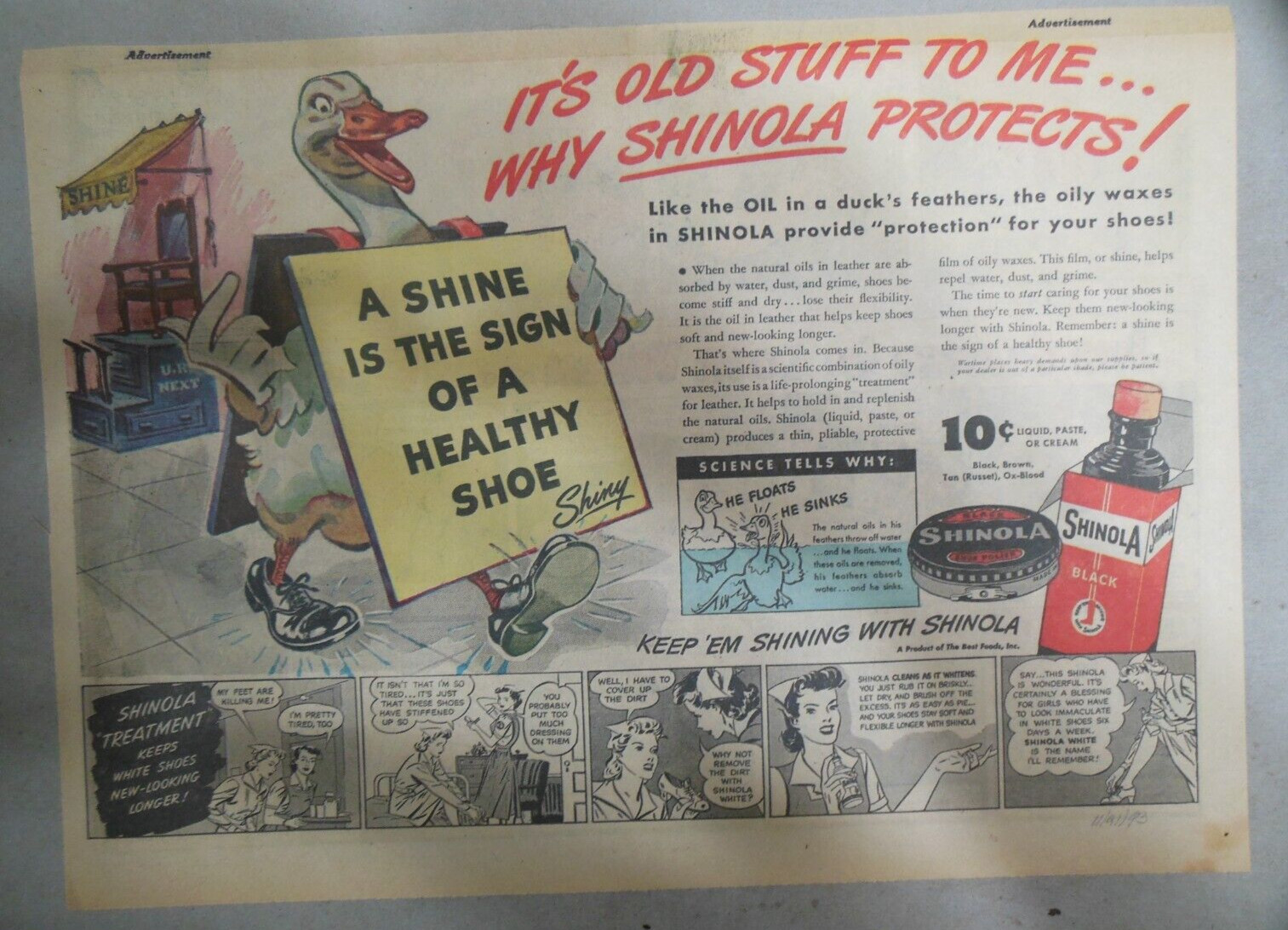 Shinola Shoe Polish Ad: Shiny The Duck for Shinola Shine! 1930's 11  x 15 inches