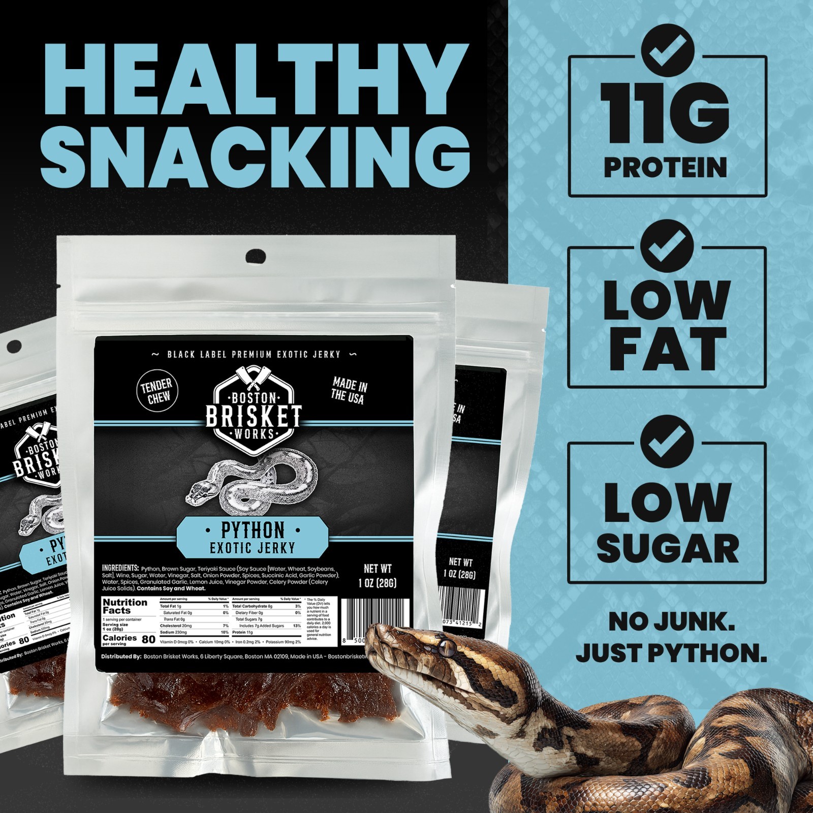 PYTHON SNAKE JERKY – Exotic Wild Game Snack - Made in the USA - Fast Shipping!
