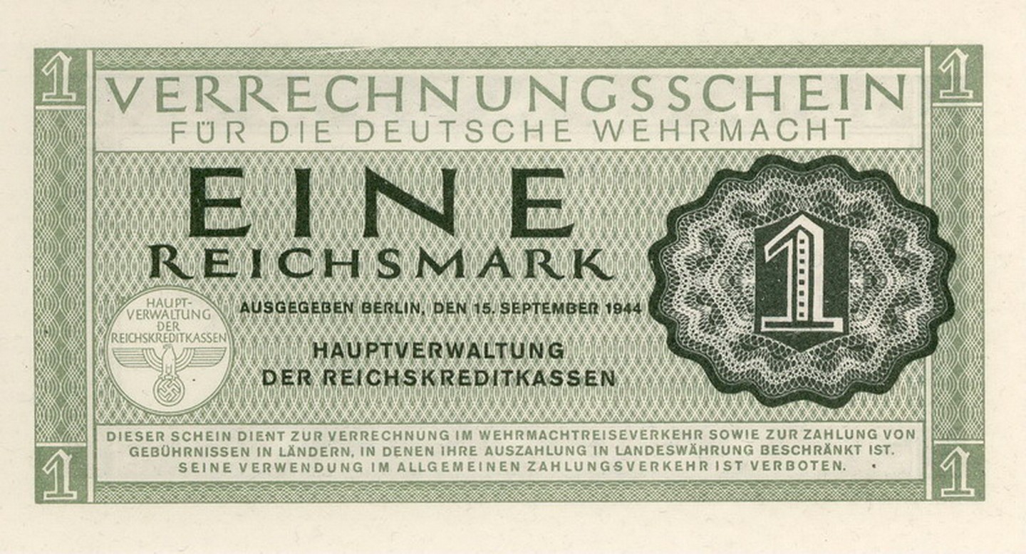 Currency Germany 1944 WW2 Wehrmacht Banknote War Era 1 Eine Uncirculated
