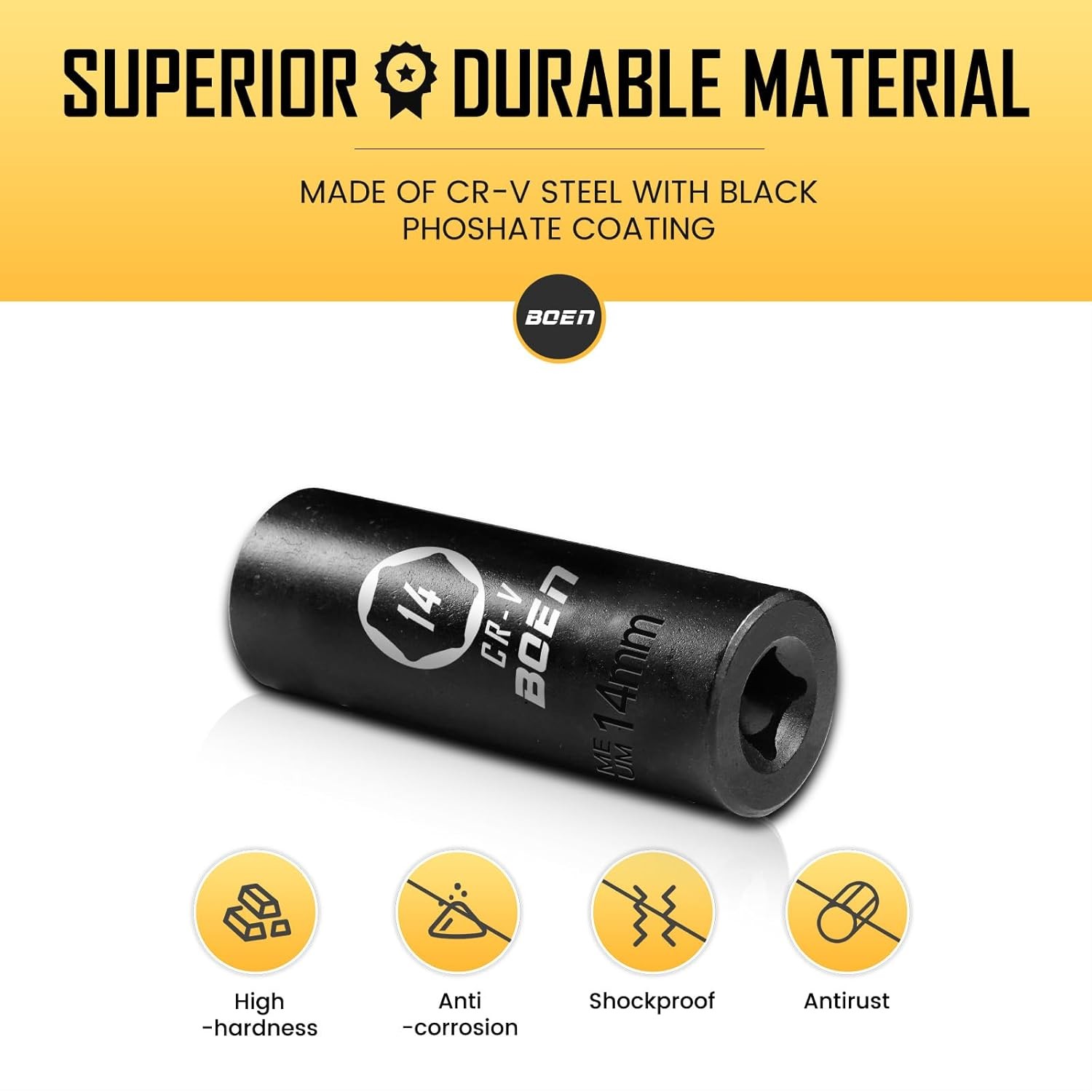 BOEN 3/8" Drive Deep Impact Sockets, Premium Socket, 14mm