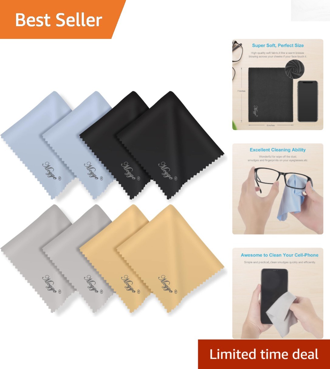 8 PCS Soft Microfiber Cleaning Cloths, 6"x7", Individually Wrapped Convenience