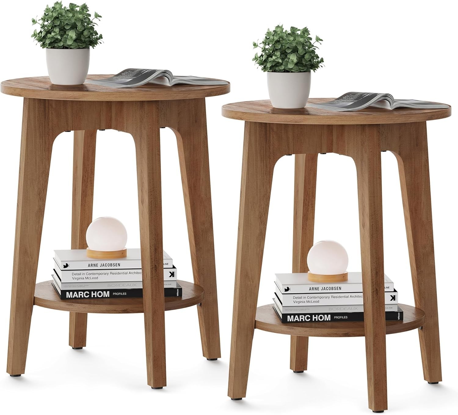 Set of 2 Round Side Tables 2-Tier Small End Tables Rustic Nightstands
