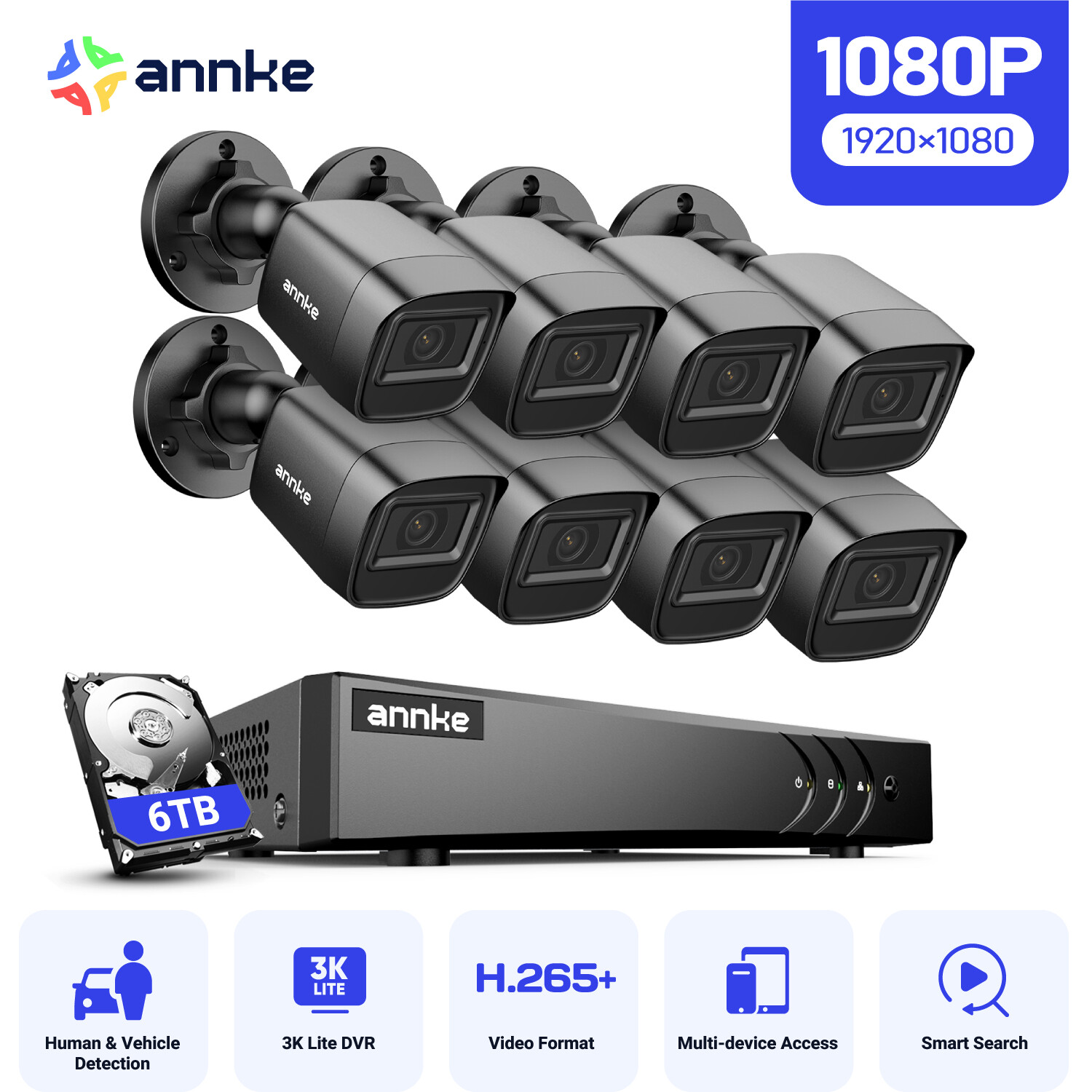 ANNKE 8CH 3K Lite DVR 1080P Video Security Camera System AI Human Detection IP67