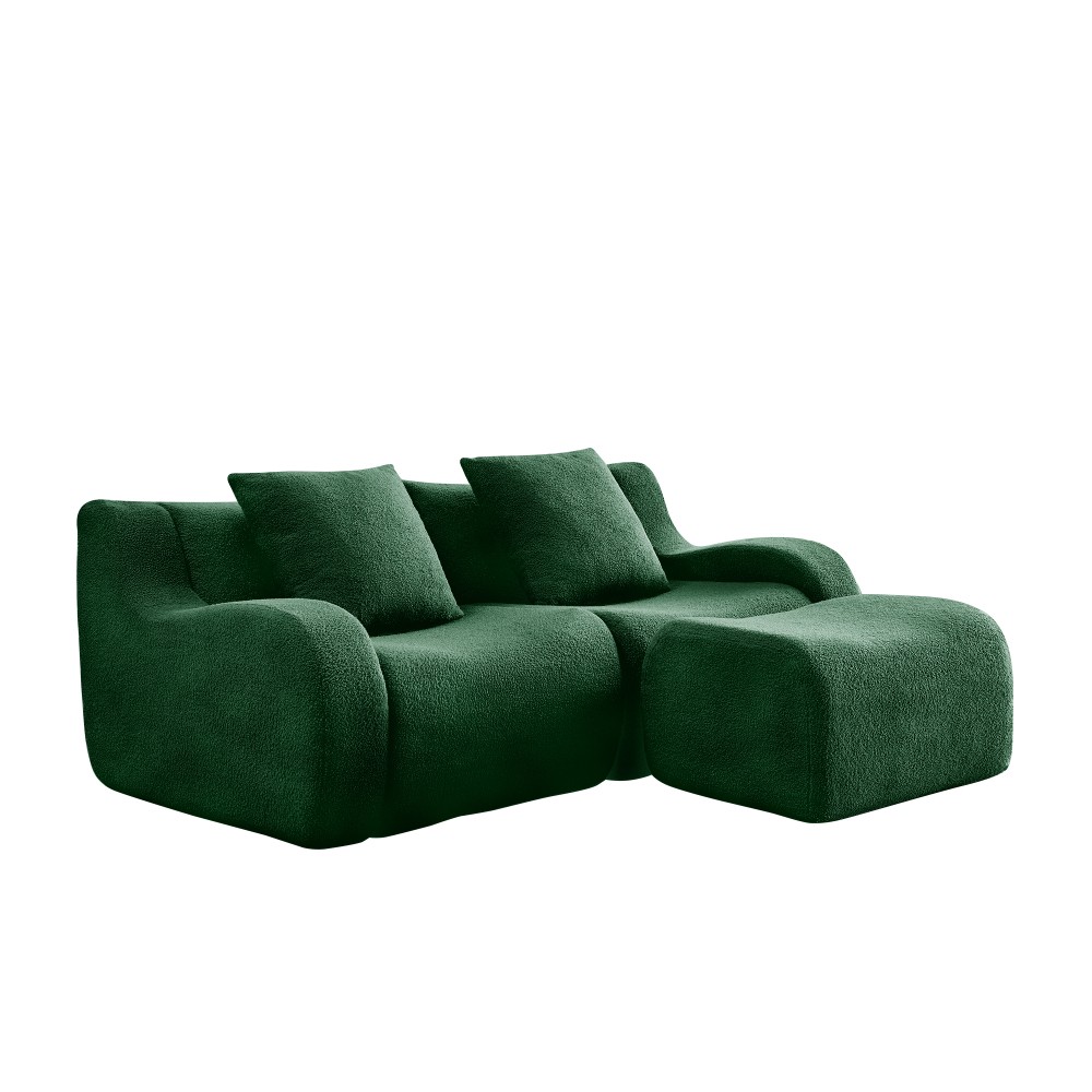 L-Shaped Teddy Fabric 2-Seat Sofa w/ Curved Armrest, Green