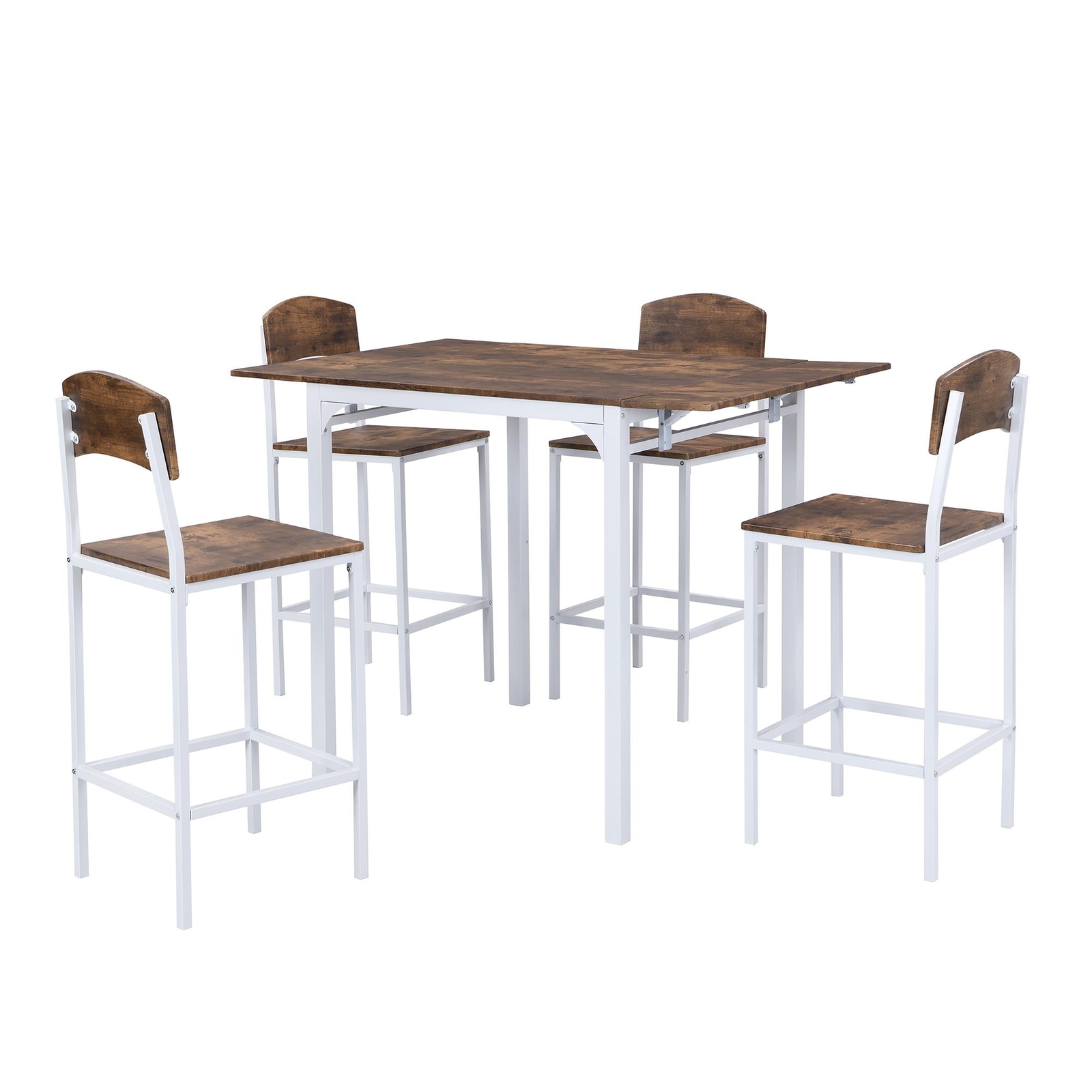 1 Table+4 Chairs White Frame Rustic Brown Tabletop Drop Leaf Dining Table Set