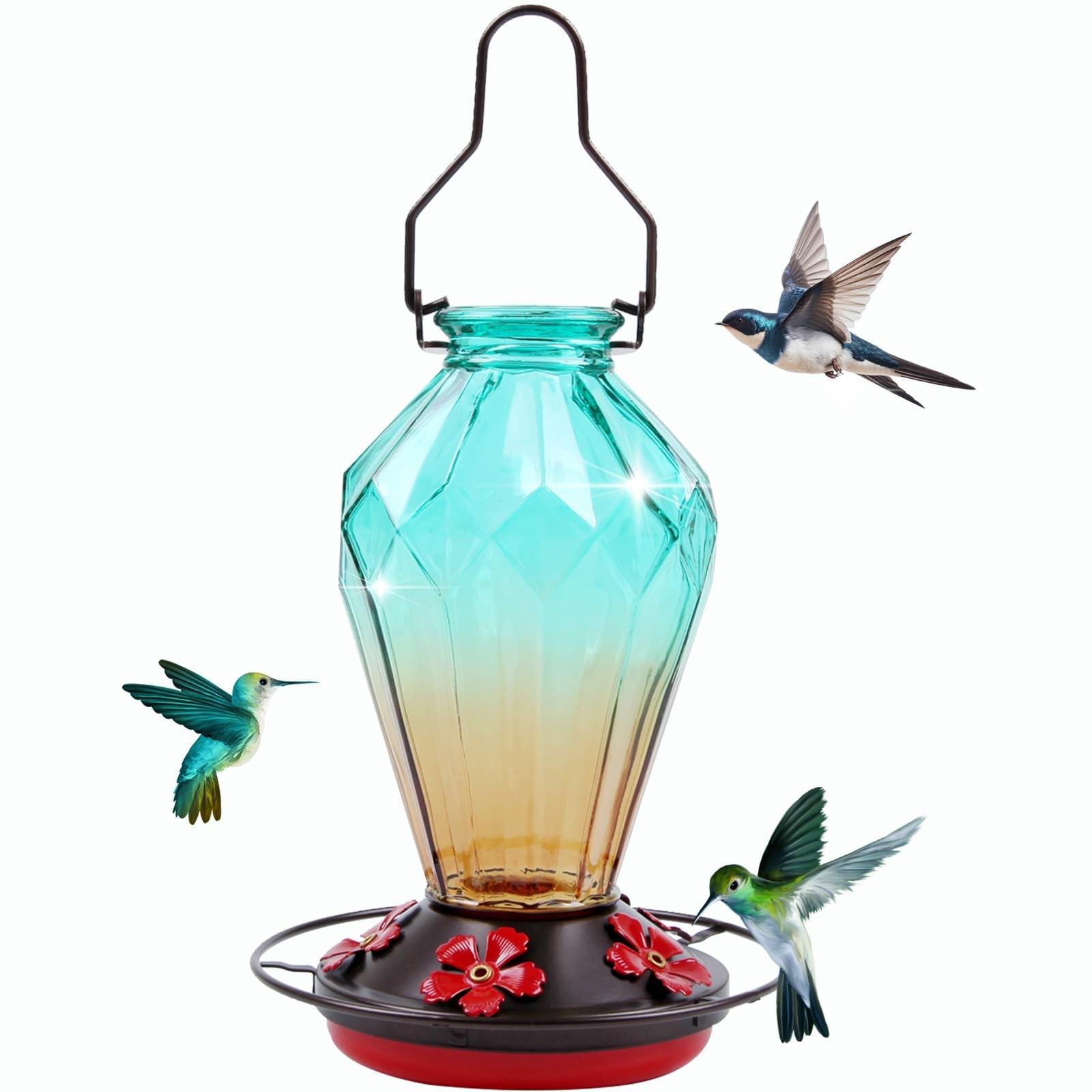 Glass Hummingbird Feeder for Outdoors Hanging, 25Oz Humming Diamond Green