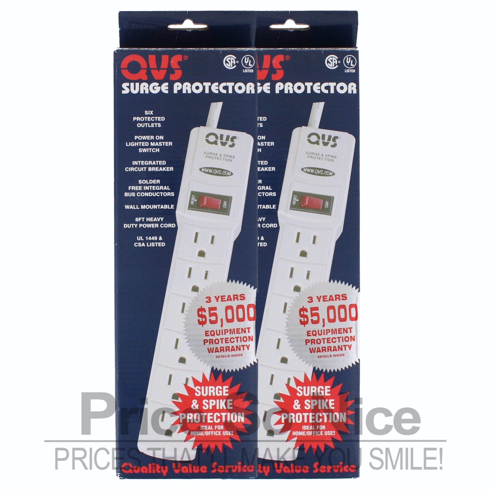 6 Port QVS Surge Protector 2 Pack - On/Off Switch - Integrated Circuit Breaker