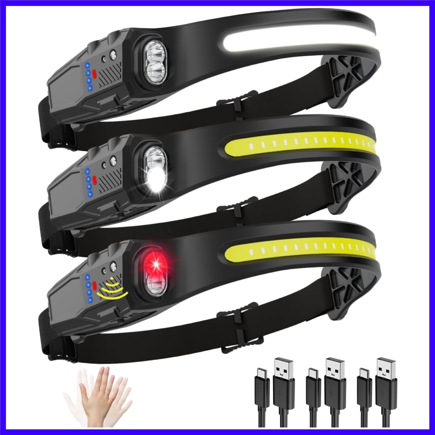 Headlamp Rechargeable 3Pack, 230° Wide Beam , 7Mode Headlamps for Adults, Hea...