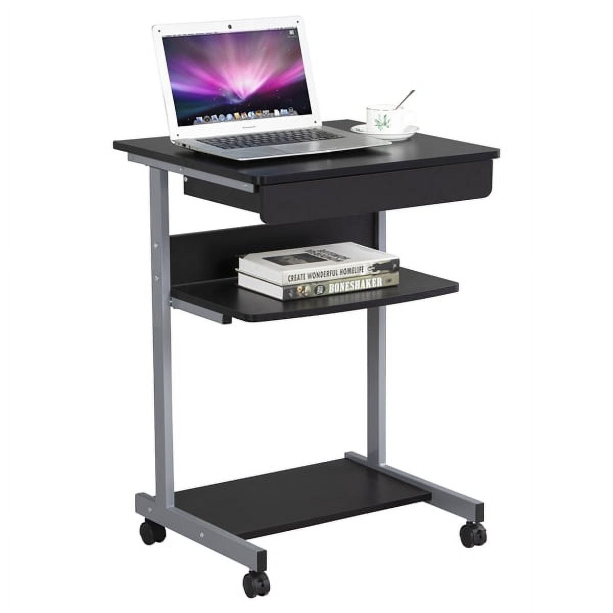 Rolling Computer Desk W 2 Storage Shelves & Drawer Black Mobile Workstation