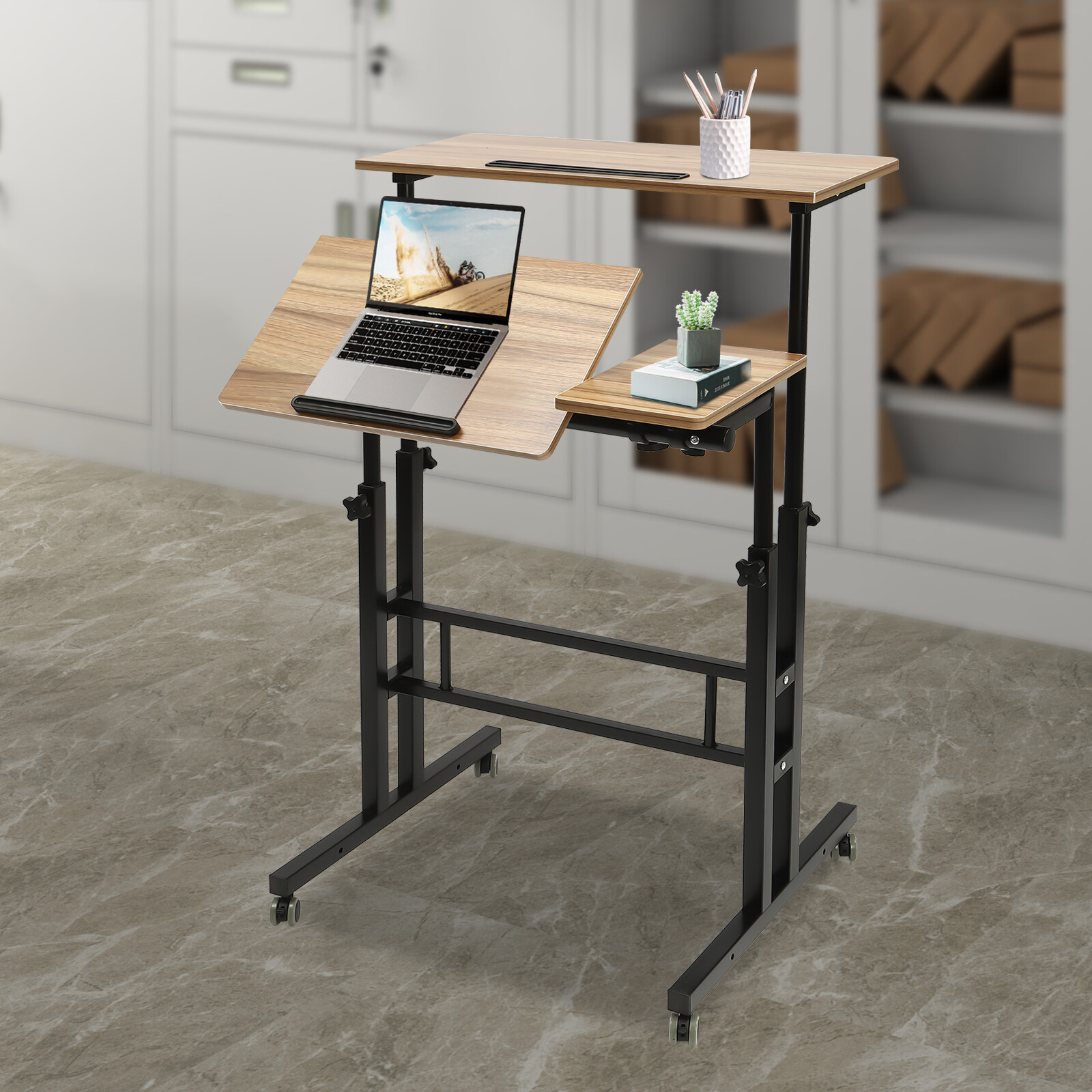 Iron-Brown Adjustable 8.5-49.5in High Rolling Laptop Cart Sit Desk W/ 4 Wheels