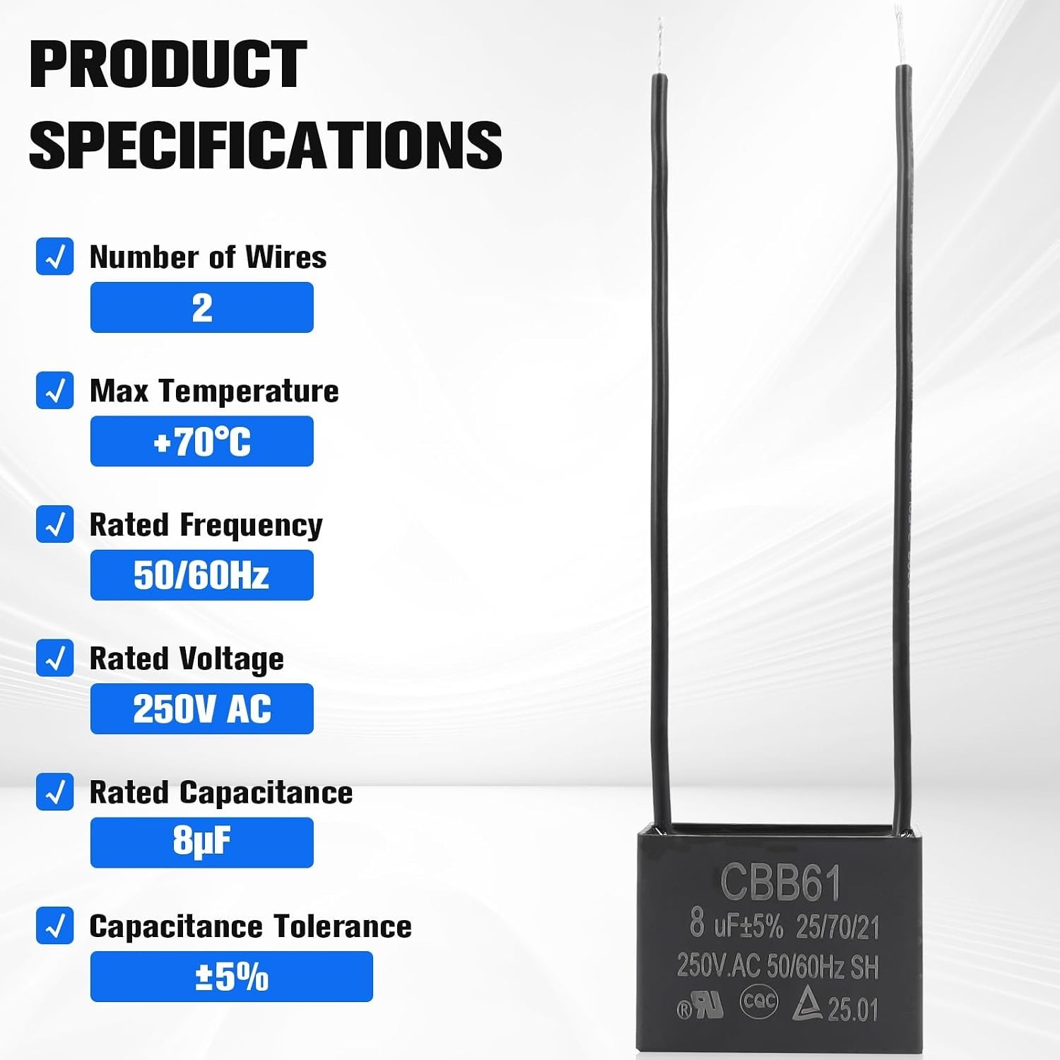 Durable 8uF 250VAC Ceiling Fan Capacitor - Rectangular Shape, High Performance