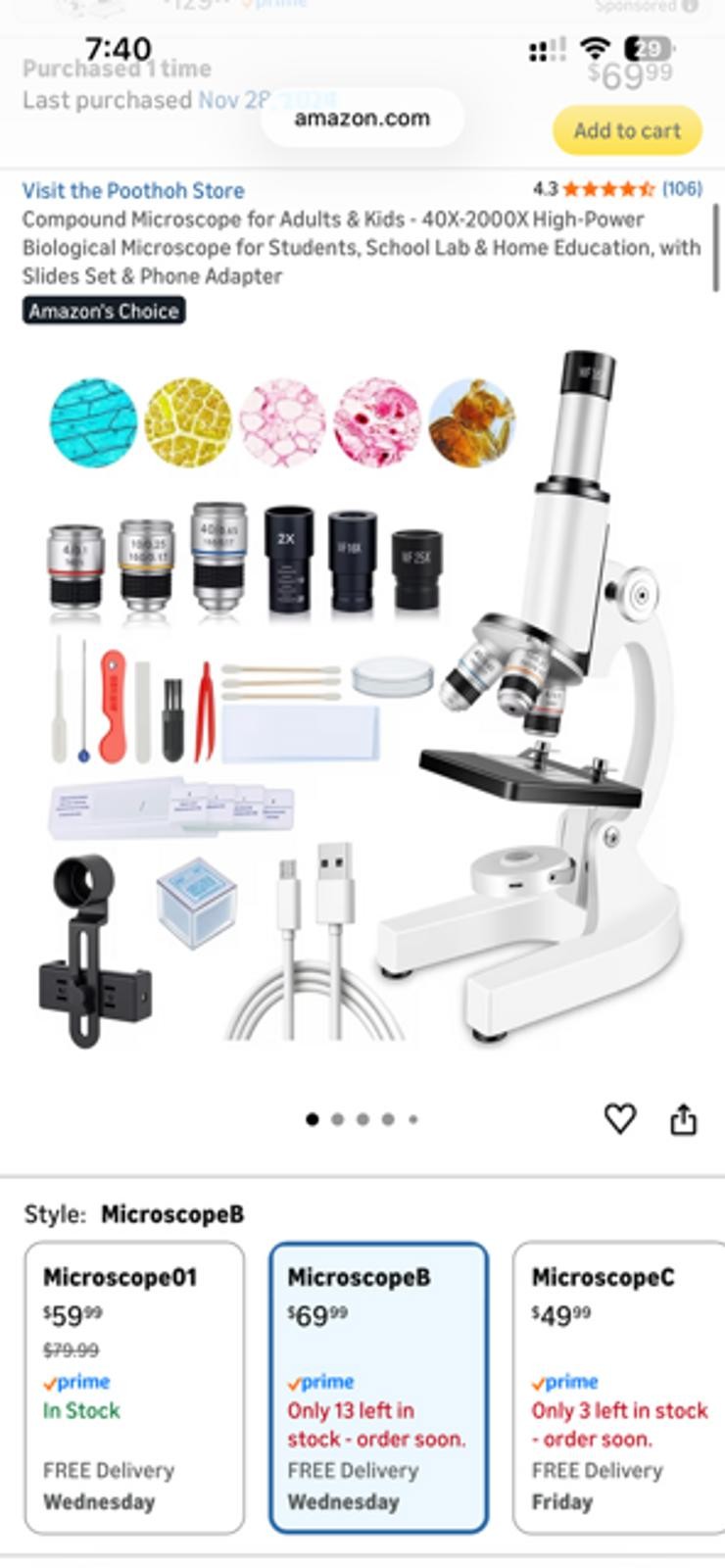 Poothop Compound Microscope 40X-2000X Magnification and Biological Slides Set
