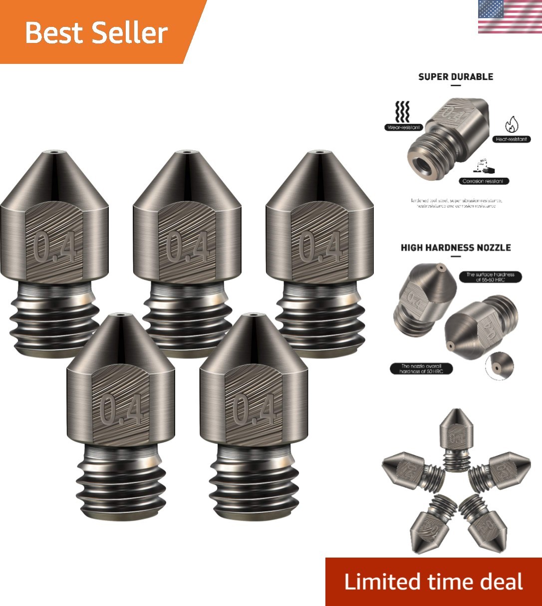 High-Performance 0.4mm MK8 Nozzles - 5 Pcs Hardened Steel for Various Filaments