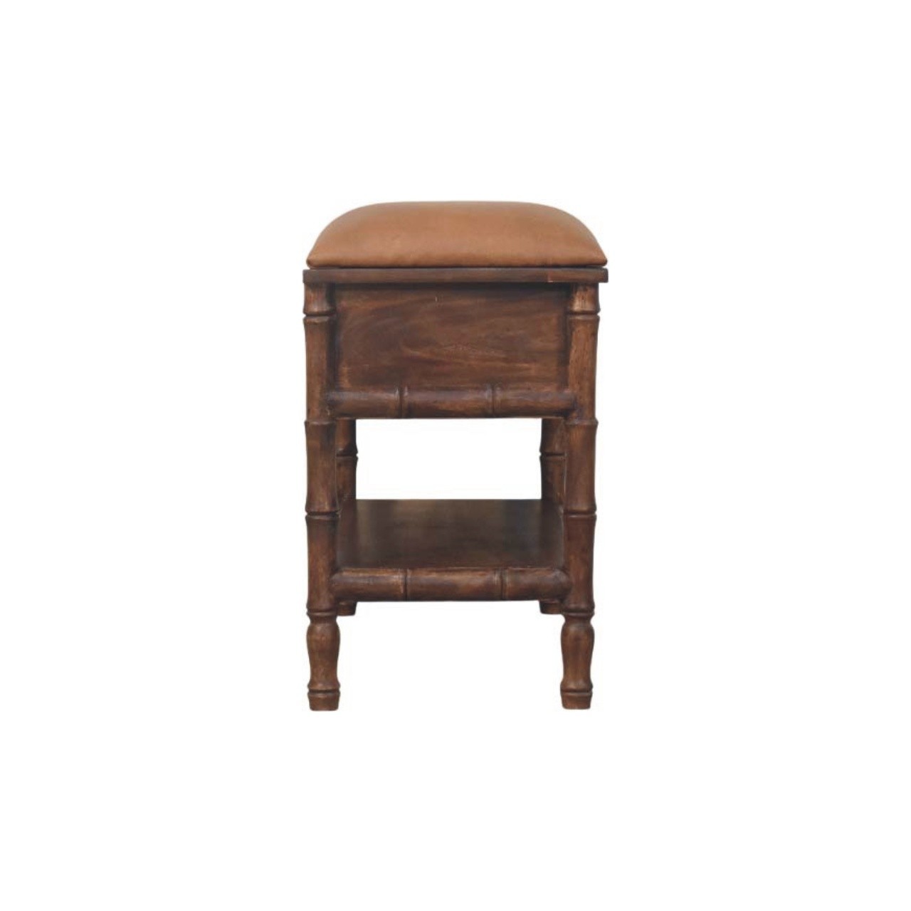 Bamboo Carved Storage Bench with Leather Seat