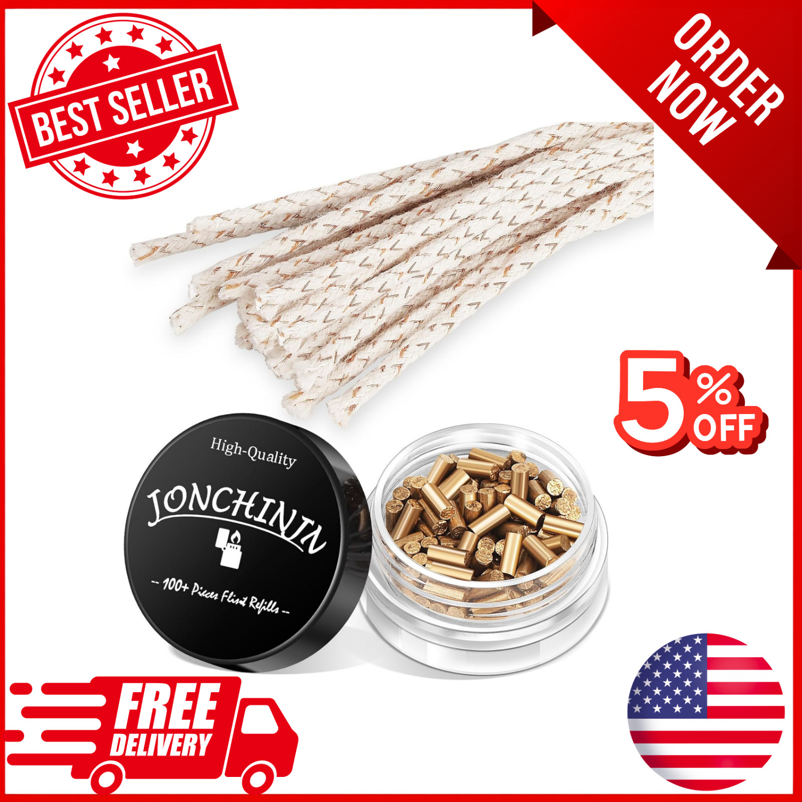 Lighter Flints 100+ Pcs and Cotton 0.9×2IN Flint 4.3IN Wicks, Gold