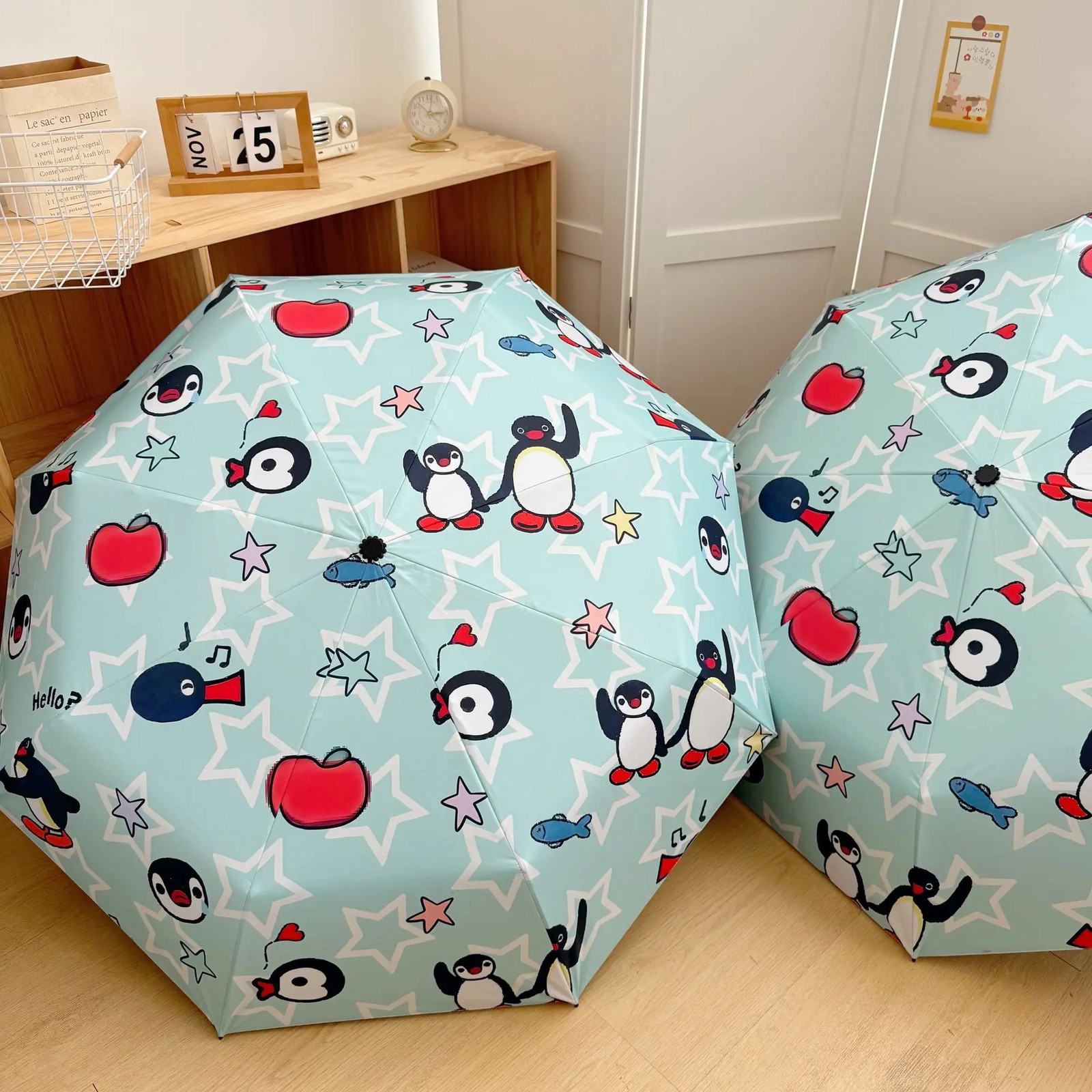 Auto Open Close Sun Umbrella with Black Lining - Cute Green Penguin Chick Digita