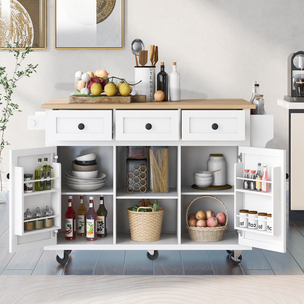 5 Wheels Kitchen Cart with Rubber Wood Top, Storage Cabinet and 3 Drawers, White