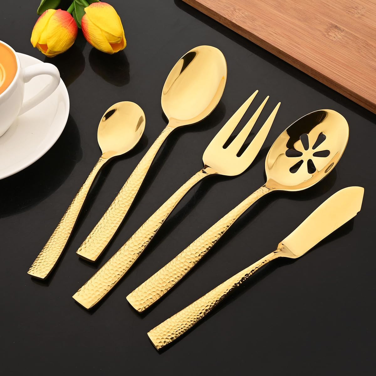 5-Piece Gold Hammered Flatware Hostess Set Stainless Steel Serving Fork Slotted