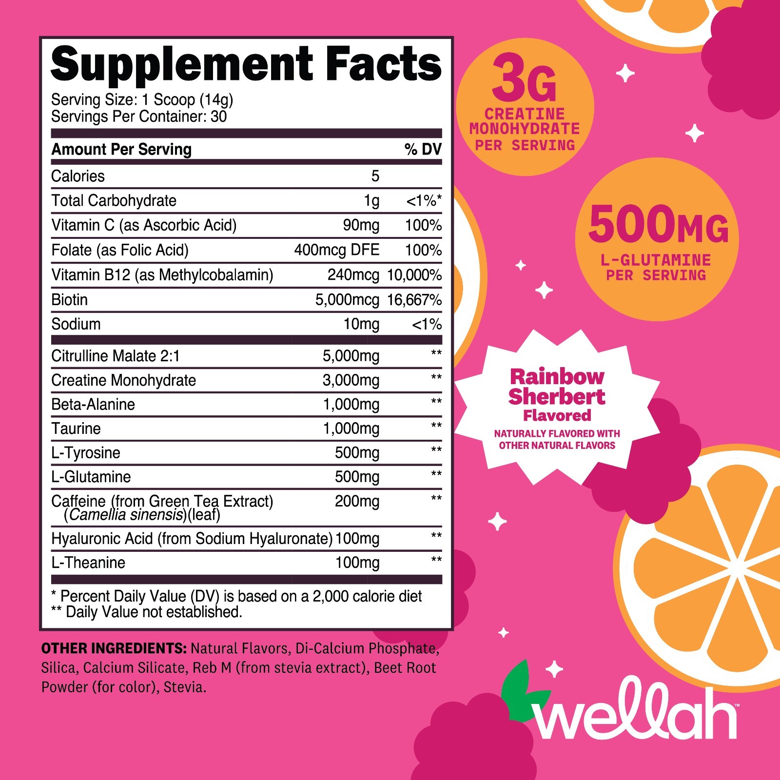 Wellah Pre-Workout + Creatine Powder (30 Servings) Orange Raspberry -3g Creatine