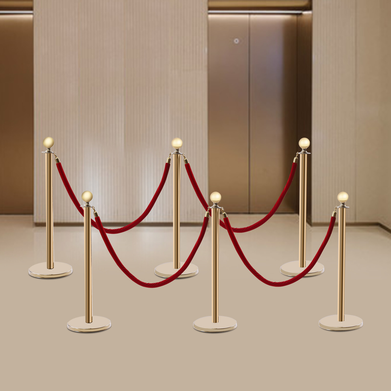 6 Pcs Red Velvet Rope +Gold Stanchion Post Set Crowd Control Queue Pole Barrier