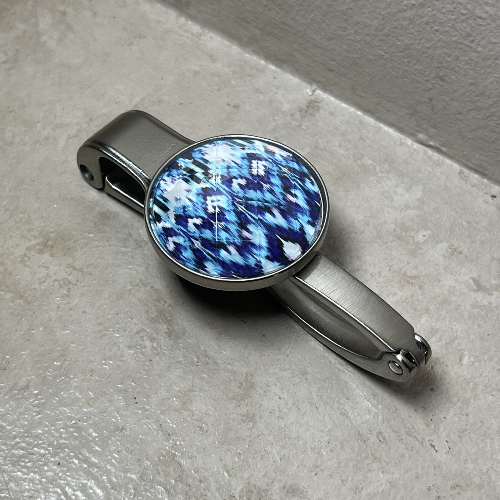 Purse Hook Tabletop Metal Acrylic Blue Geometric Design