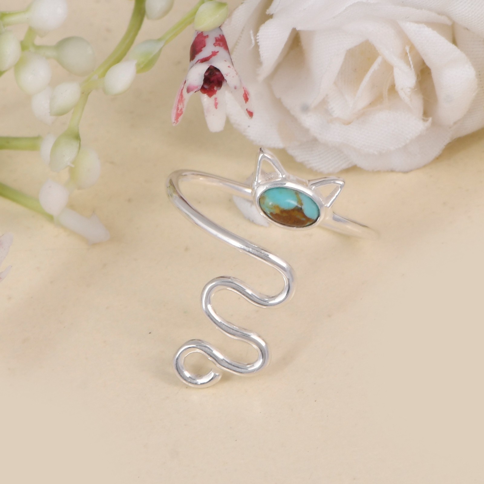 925 Sterling Silver Cat Ring Adjustable Turquoise Gemstone Kitty Animals Jewelry