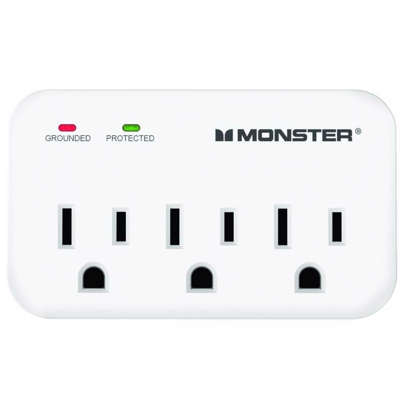 Monster 1601 White 1200J 3-Outlet Just Power It Up Surge Protector Wall Tap