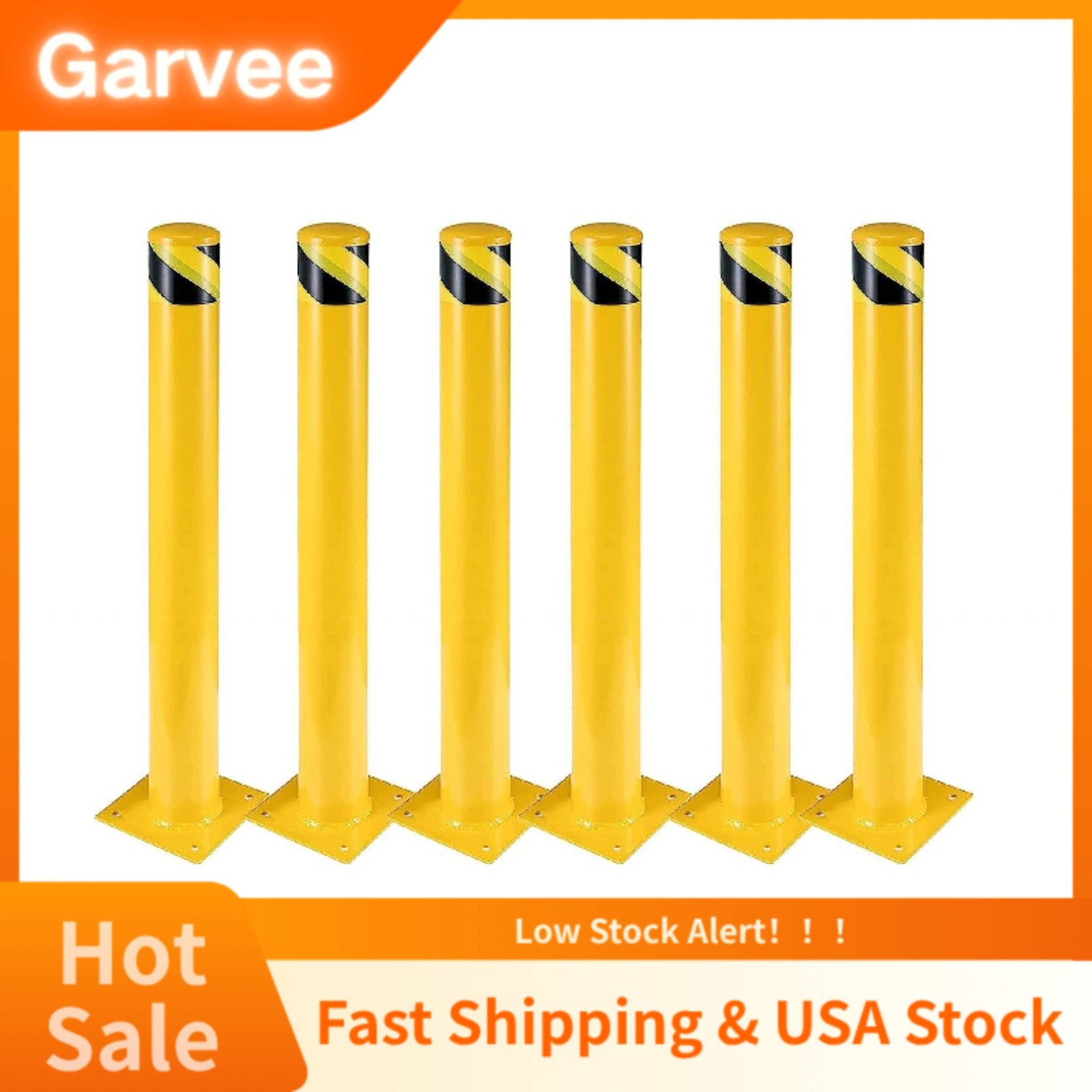 6‑Pack Safety Bollard With 42 Inch Height And 4.5 Inch Diameter, Yellow Steel Po