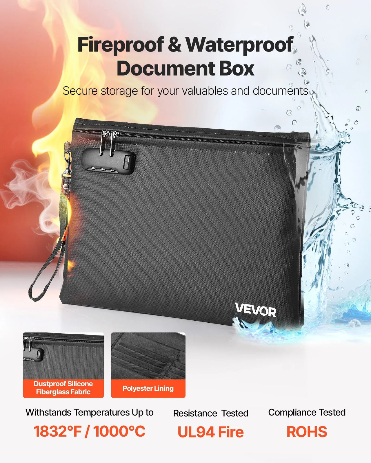 Fireproof Document Bag, 1832 ℉ Heat Insulated Fireproof & Waterproof Bag with L