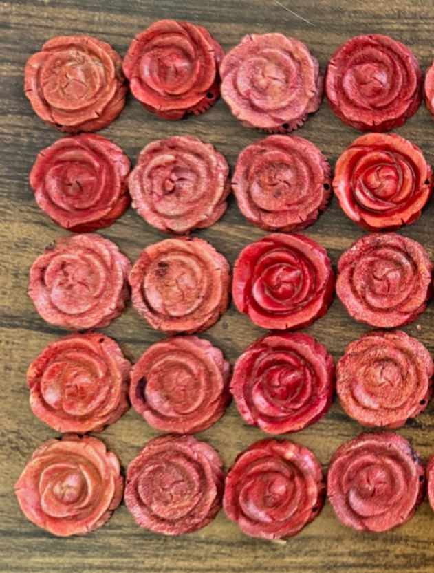 20 pieces ~ Red Carved Rose Coral  ~ 1 1/4' Round Pendants Top Drilled Hole B16