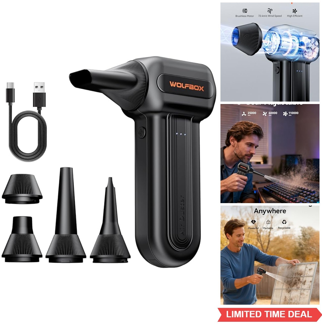 Compressed Air Duster 110000 RPM Cordless Electric 3 Speed Rechargeable for PC