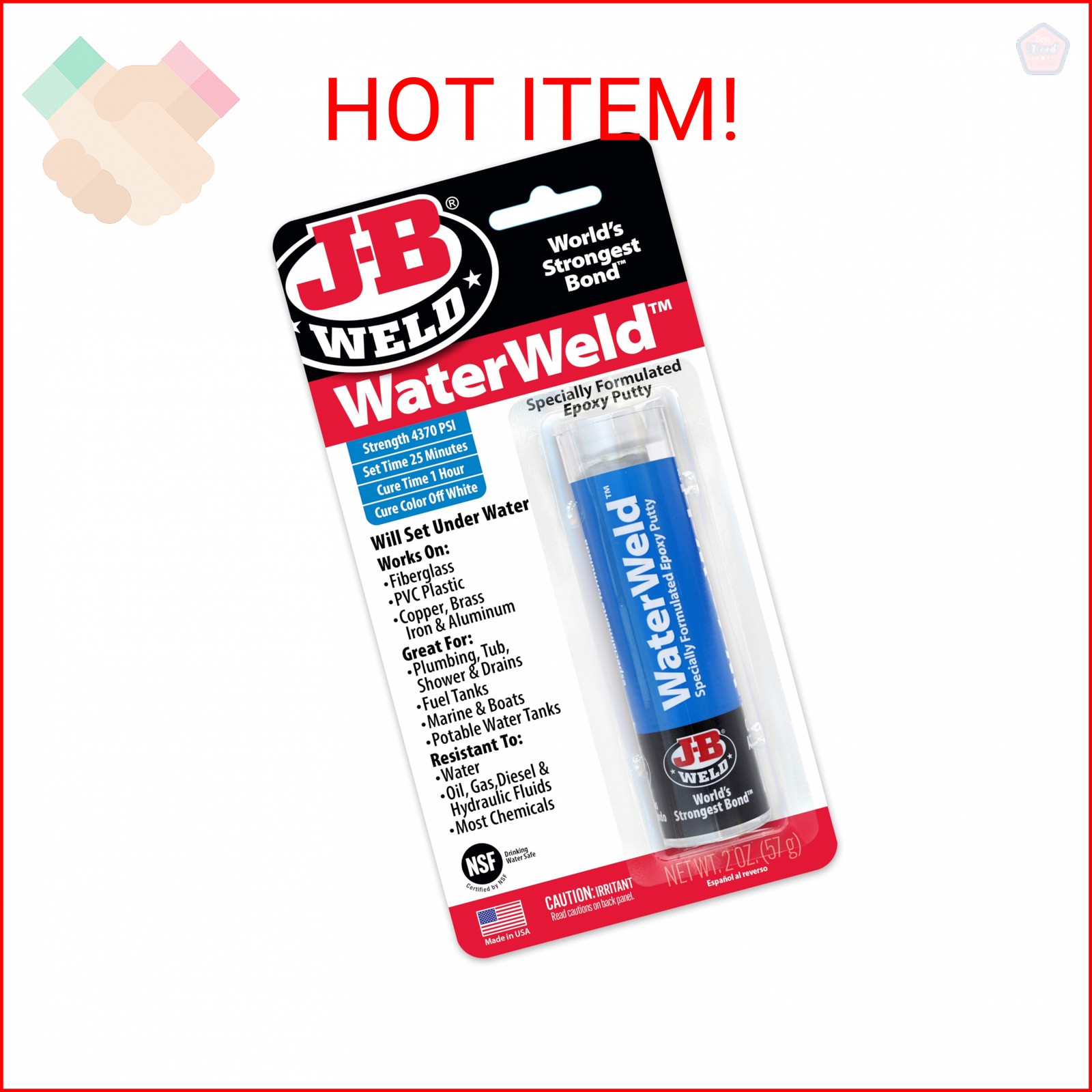 J-B Weld 8277 WaterWeld Epoxy Putty Stick - 2 oz.
