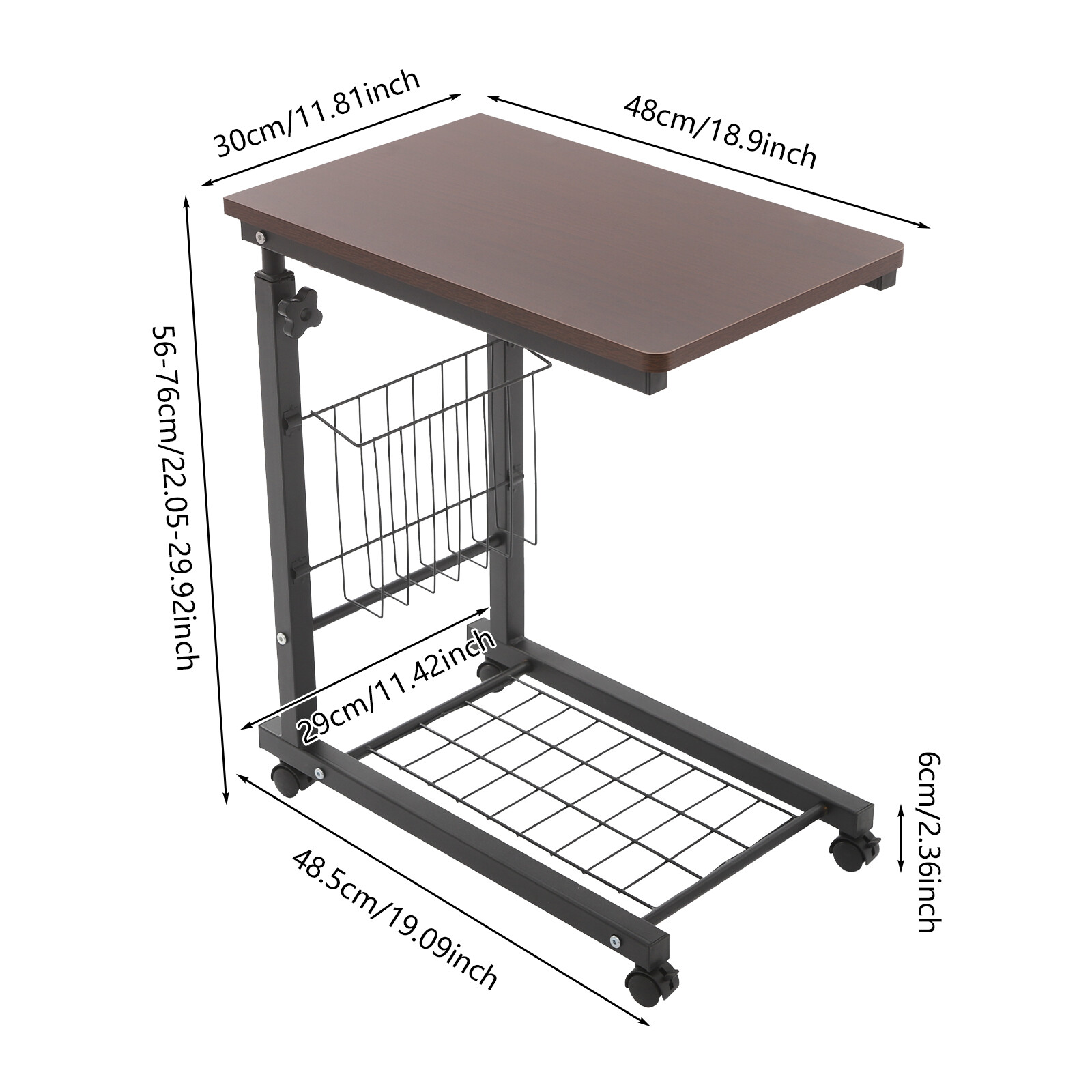 Adjustable Bed Side Table, Side Table with Wheels, Mobile Standalone TableUS