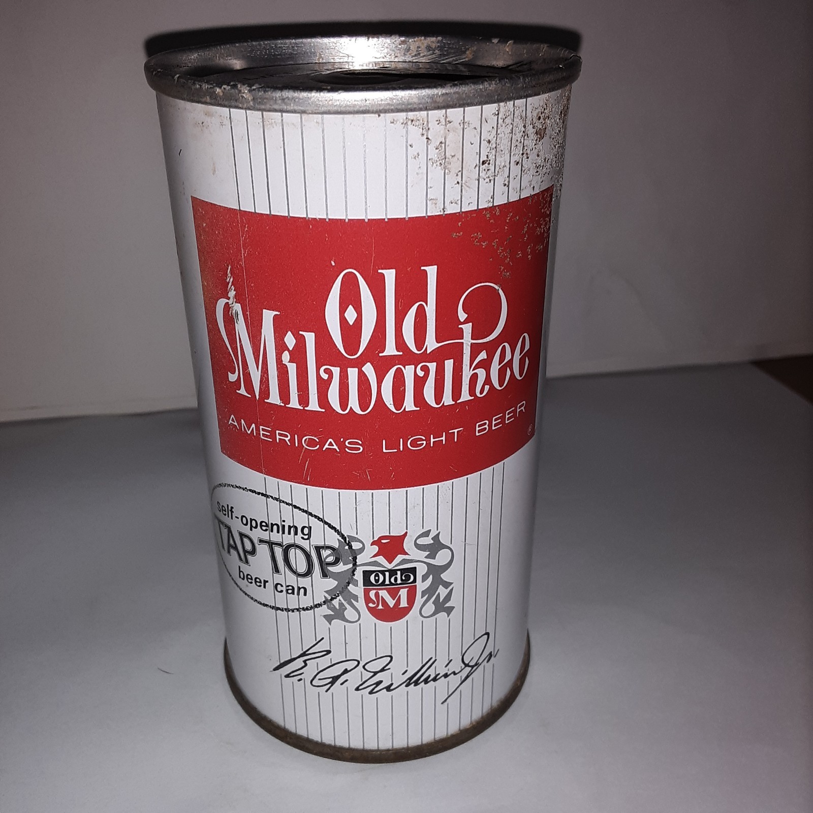 Old Milwaukee 1962 zip tab, SS, wide seam by Jos. Schlitz Brewing, Milwaukee WI.