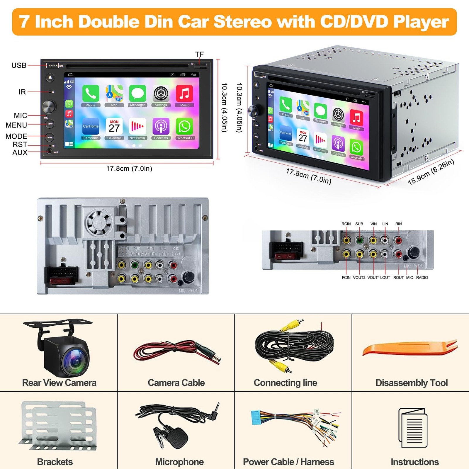 Double Din Car Stereo with CD/DVD Player Apple Carplay & Android Auto, 7 Inch...