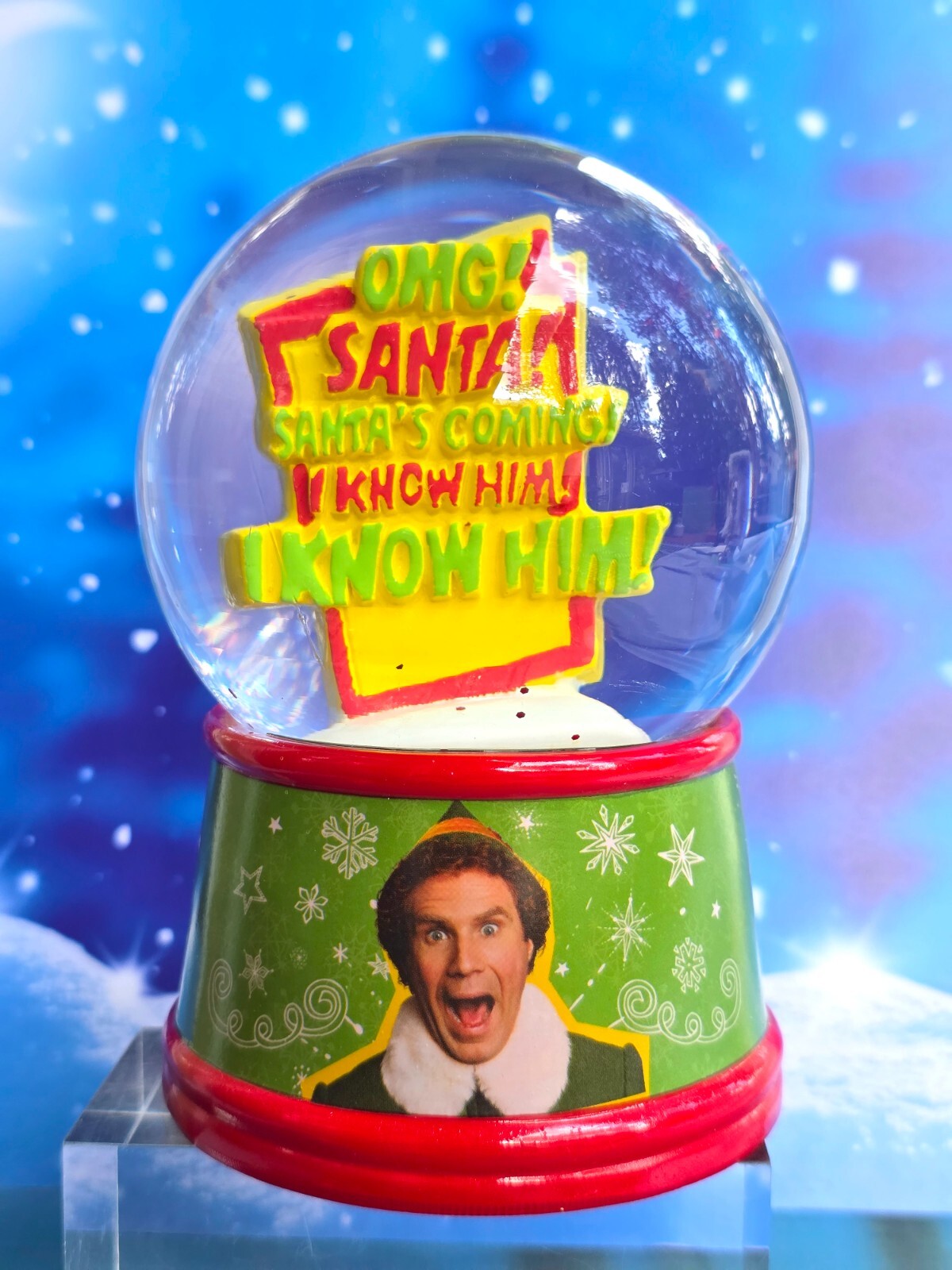 ELF OMG SANTA SILVER BUFFALO CHRISTMAS SNOW GLOBE  6" T  BUDDY WILL FARRELL