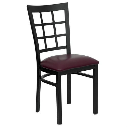 Black Window Back Metal Restaurant Chair With burgundy vinyl Seat