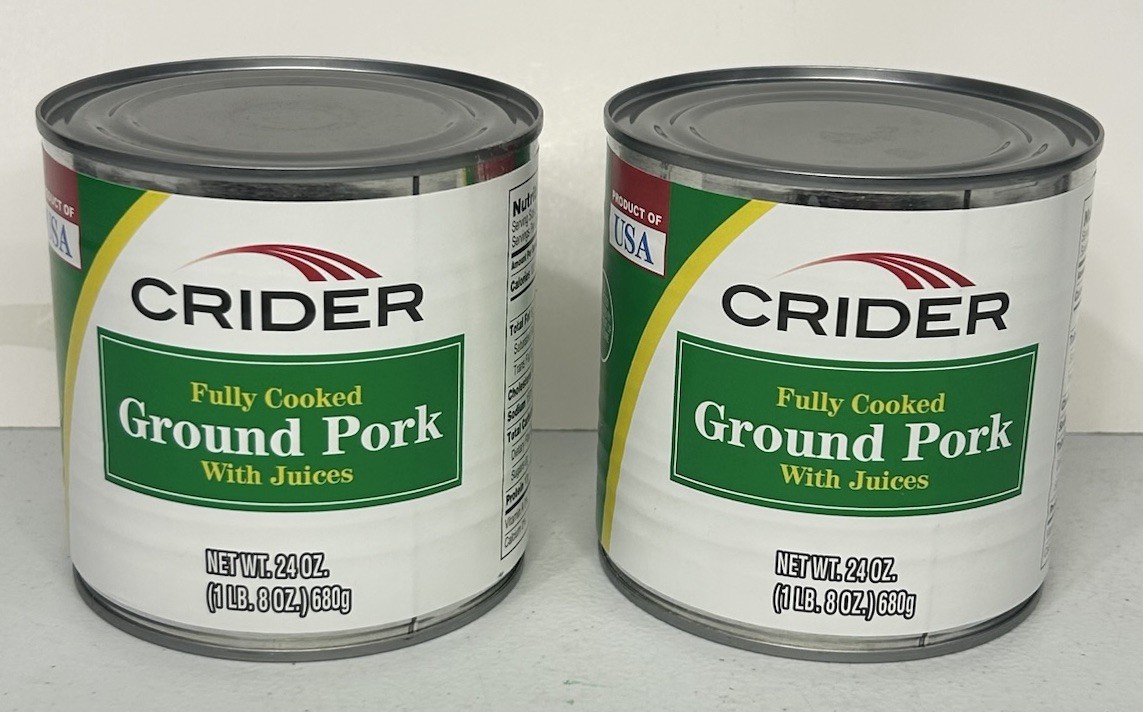 Lot of (2) Crider Fully Cooked Ground Pork / Canned 24oz  1LB / Exp. 05/30/2027!