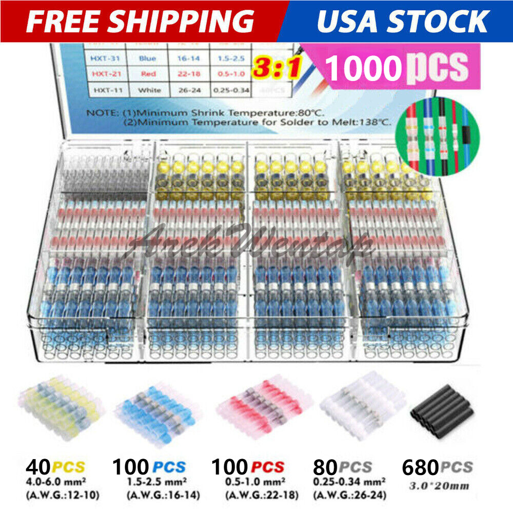 1000PCS Waterproof Heat Shrink Butt Terminals Solder Seal Sleeve Wire Connectors